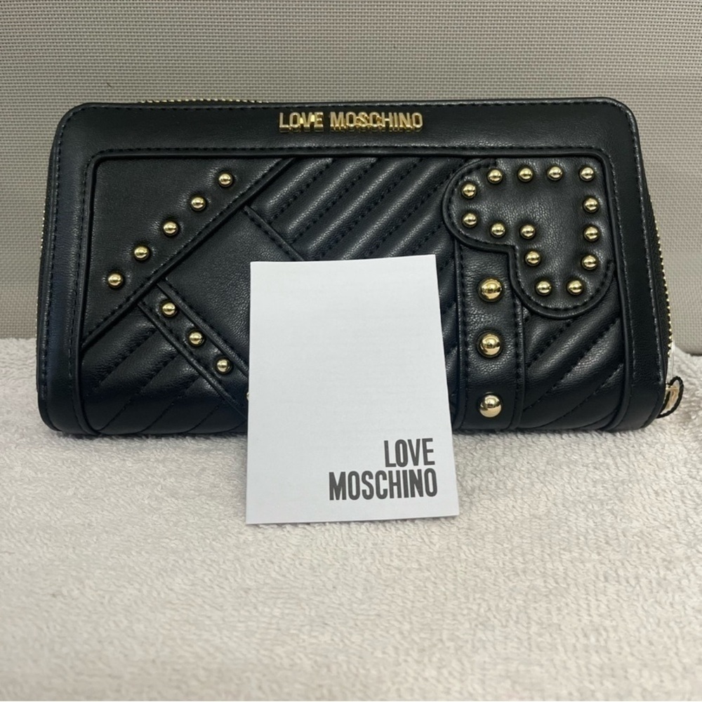 Love Moschino Black Quilted Heart Stud Zip-Around Wallet Gold Hardware NWT - Picture 3 of 5